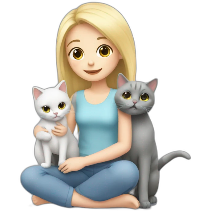 cute blonde girl taking care of 2 grey cats emoji