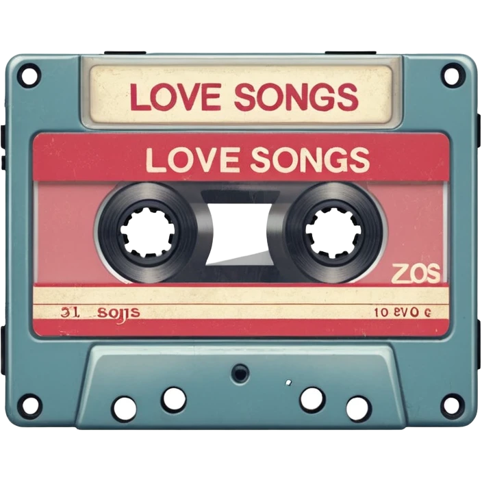 Isolated, rendering, vintage style music cassette tape, vintage appearance white label that reads "love songs" on front emoji