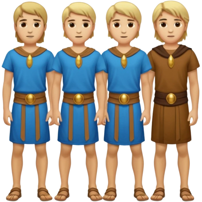 Cartagineses: un grupo de hombres jóvenes, pelo largo rubio y castaño, ropa buena, cara de niños de alrededor de unos 20/25 años.
cuerpo entero, de la época púnica emoji