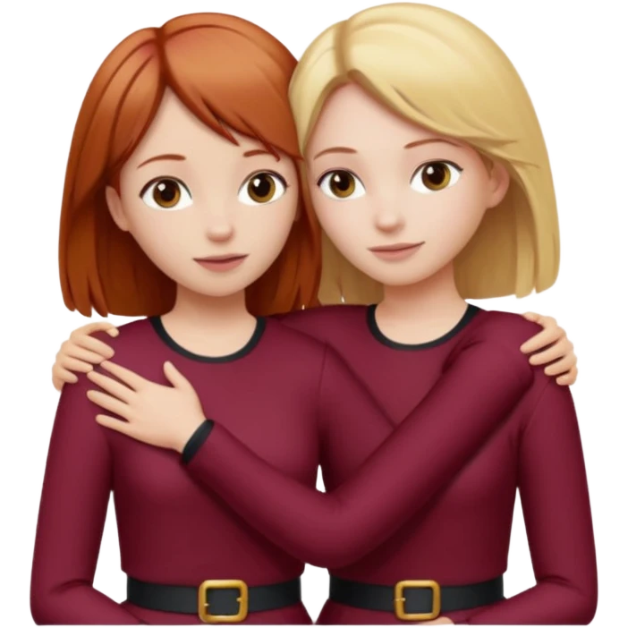 two girls who hug eachother. one has auburn hair with blonde highlights and very pale skin and is wearing white outfit, other has medium-fair skin and blonde hair and is wearing a burgundy outfit emoji