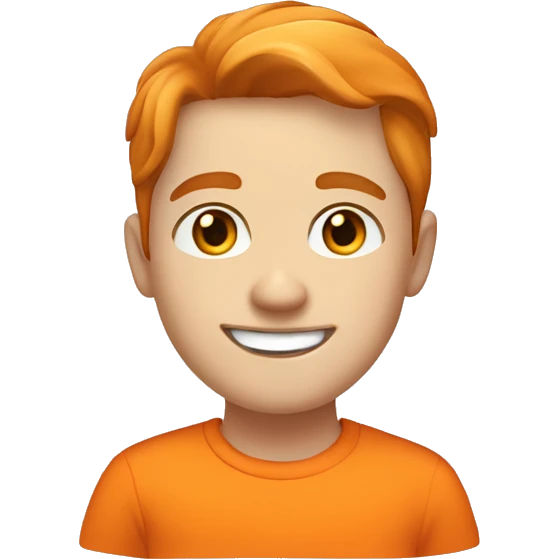 a young white person with light skin, orange-brown hair, blue eyes, and noticeable acne is wearing an orange shirt and smiling slightly emoji