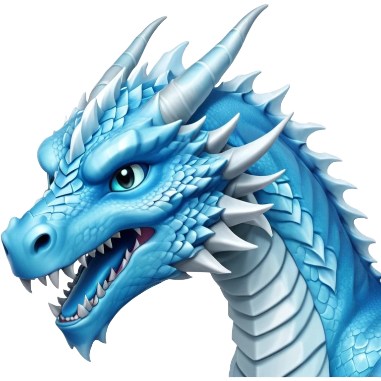 Cinematic Noble Fierce Ice Dragon Portrait Emoji, Poised and imposing, with a muscular, long elegant snout, scaled body shimmering in glacial hues of icy blue, frostbitten silver, and crystalline white, breathing out frost, with piercing, glowing eyes that radiate the chilling depths of an arctic storm; rendered in detail. emoji