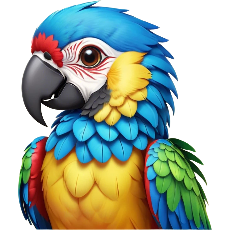 Cinematic Cute Macaw Portrait Emoji, Head tilted playfully and inquisitively, with a dazzling array of colorful plumage and round, sparkling eyes filled with charm, Simplified yet irresistibly adorable features, highly detailed, glowing with a warm, friendly tropical glow, high shine, affectionate and lively, stylized with a touch of whimsical vibrancy, bright and endearing, soft glowing outline, capturing the essence of a mischievous yet loving parrot that seems as if it could flutter out of the screen into your arms! emoji