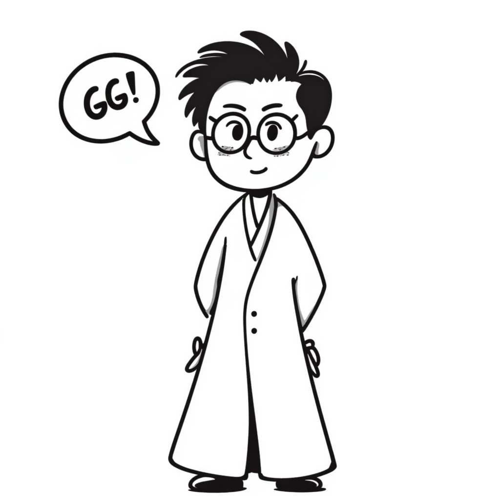 chibi Aizen, Bleach, big head, tiny body, sly smile, 'GG' in a speech bubble, white robe, brown slicked-back hair, glasses, hands behind back, cute and playful chibi style emoji