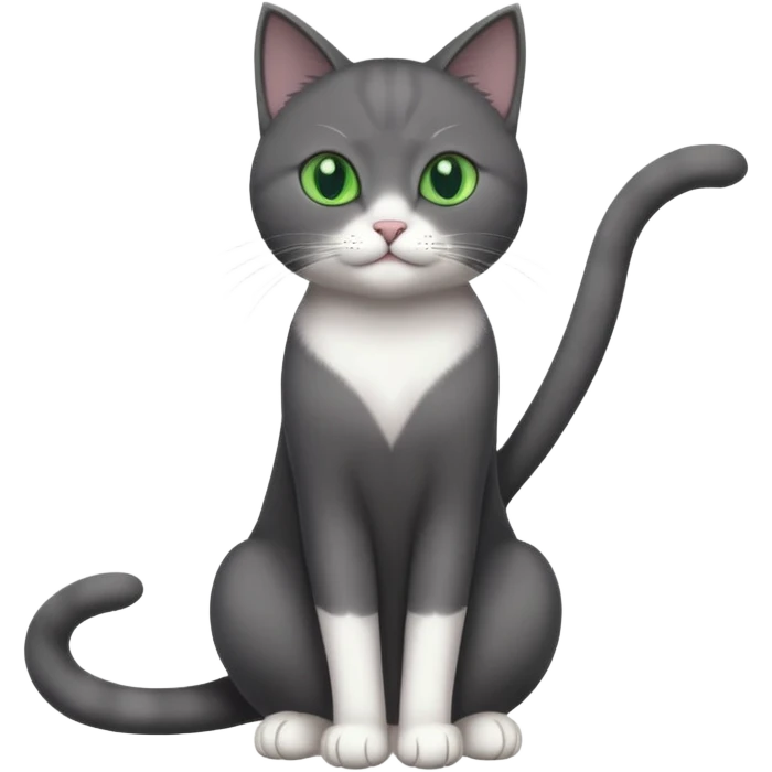 full body gorgeous solid dark grey cat with green eyes, white paws and white whiskers stretching like a cat emoji