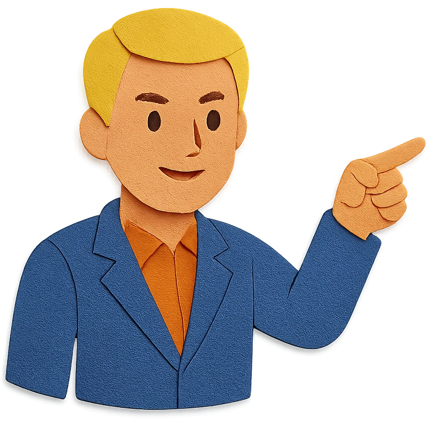 Confident male leader, Caucasian, short neat blonde hair, sharp eyes, indigo jacket, one arm raised gicing direction, waist-up, front-facing emoji