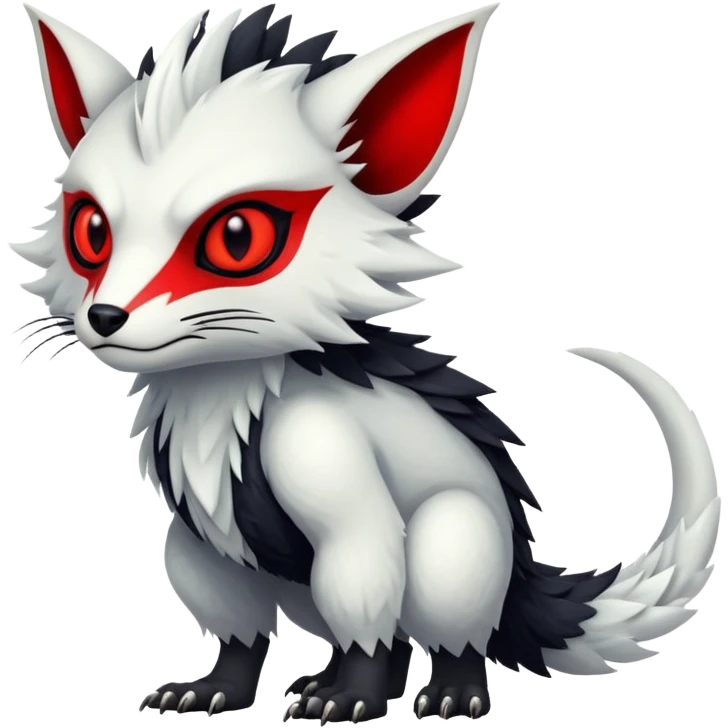 a white exotic edgy vernid-fionbr-Fakémon-creature, with black belly and red eyes, full body emoji
