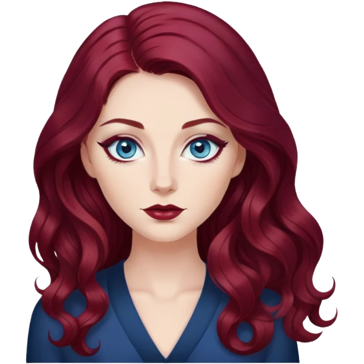 pretty long hair wavy dark wine red hair baddie with eyeliner and blue eyes emoji