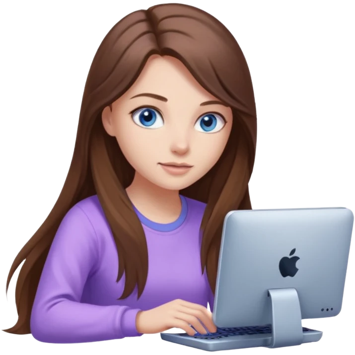 beautiful girl with long brown hair, blue eyes and wearing light purple clothes playing pc games emoji