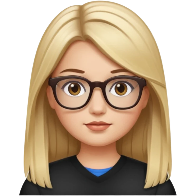 Chica blanca con cabello liso largo balayage (rubio con cafe), ojos cafe obcuro con lentes cuadrados, gordita emoji