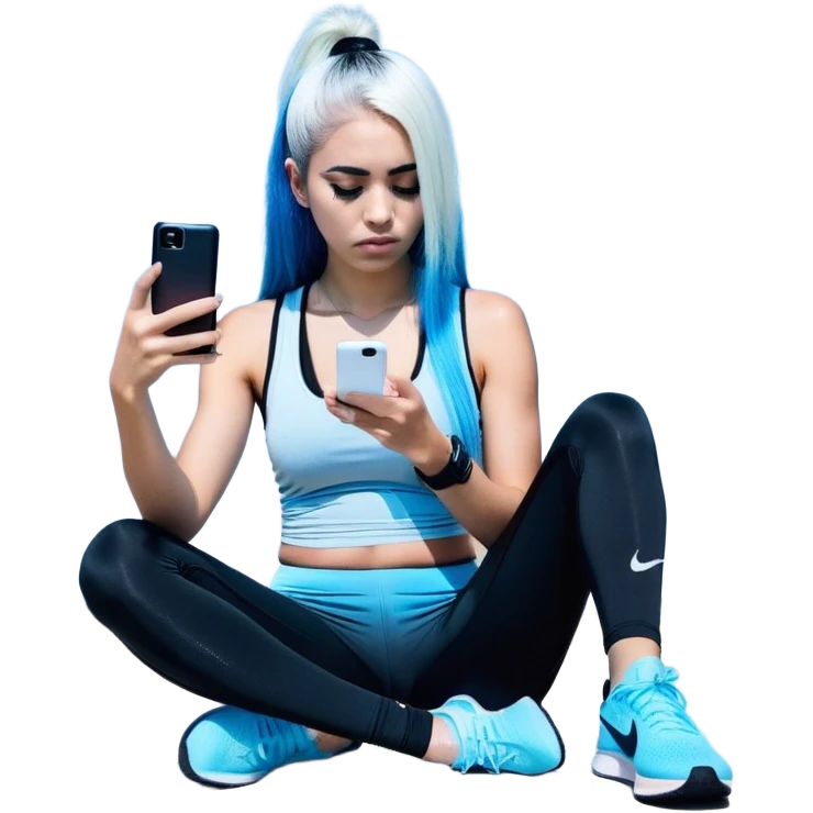 Shameful disappointed crying-very very very very big chest-texting on a samsung cell phone-very long straight flowing black to sky blue hair ombre-blue eyes-black eyeliner-long eyelashes-plastic sparkling sky blue very low cut tank top with sparkling nike logo-black leggings-nike sneakers emoji