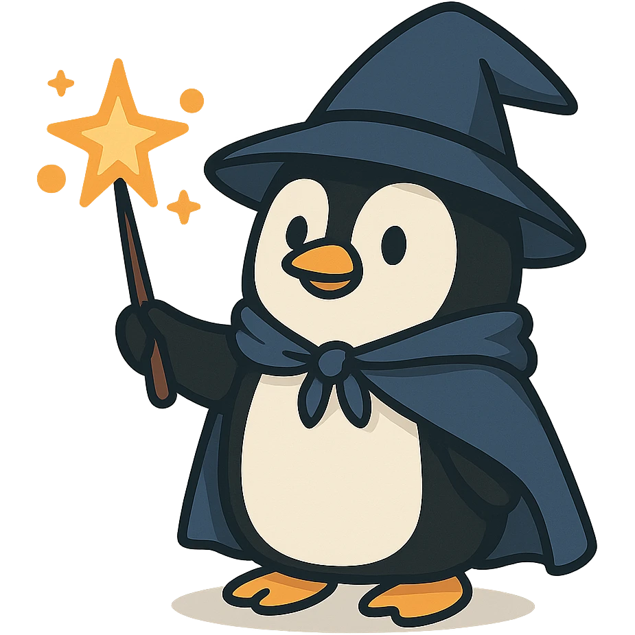 flat toon style penguin wizard casting a spell emoji
