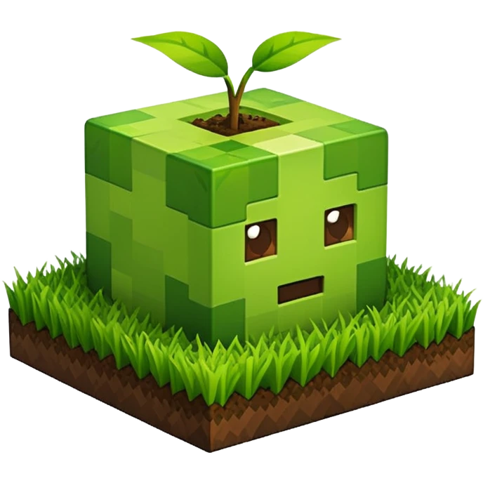 A 3D Apple-style emoji of a Minecraft grass block, cubic shape, with bright green grass on top and brown soil with pixel texture on the sides, simple and cute cartoon design. emoji