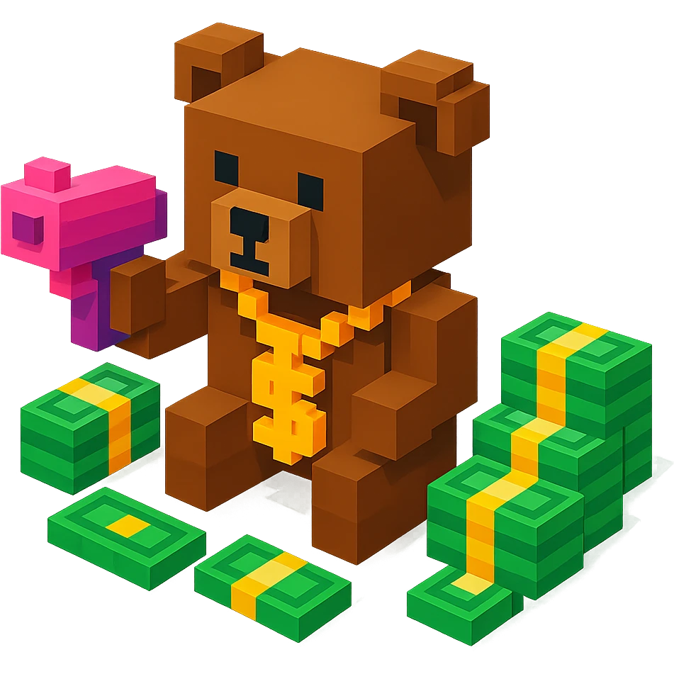 brown Russian grizzly bear with a rapper chain and a money gun, surrounded by stacks of money emoji