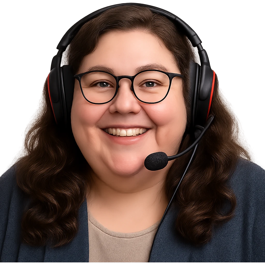 chubby English teacher with long wavy brown hair, cheerful, glasses, gamer, only face emoji