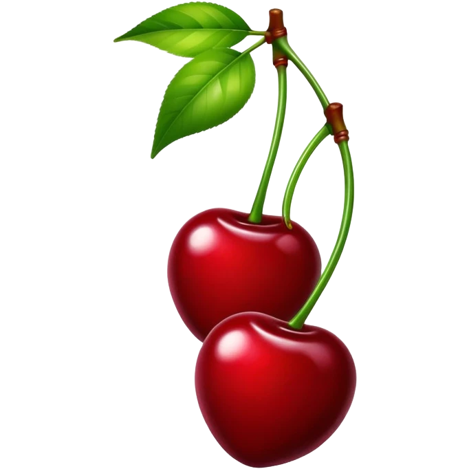 Pair of vibrant deep red cherries with green stem, fruit emoji