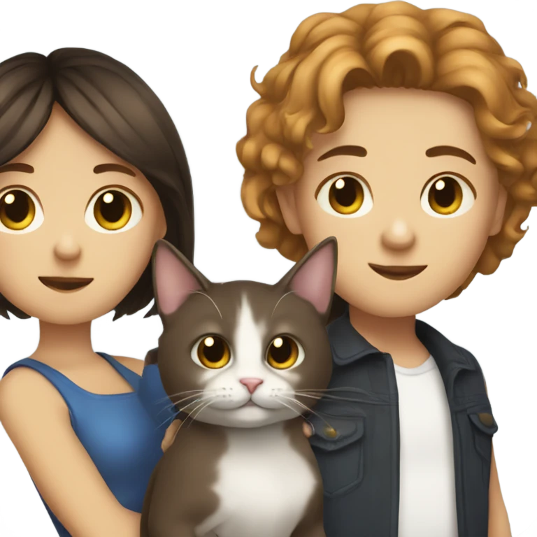Brunette girl and boy with their cat emoji