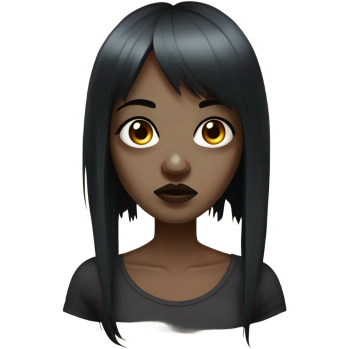 A zombie woman, black hair, bangs above the eyebrows, brown eyes, side labret piercing, double nostril piercing, and septum piercing. emoji