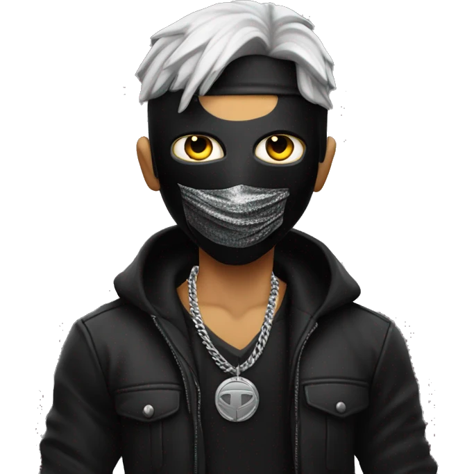 guy with black mask and sniper gun silver chain with on neck all black outfit emoji