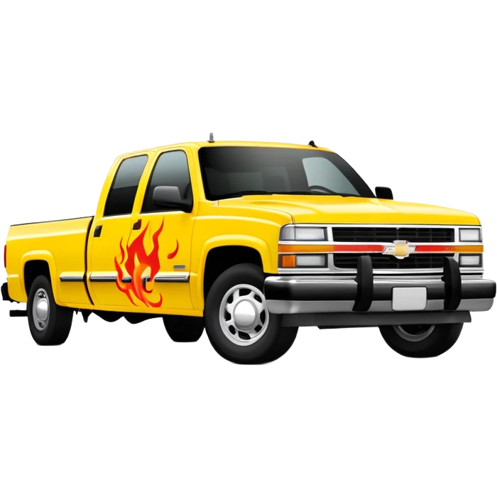 1997 yellow Chevy C-2500 Crew Cab with red flame design only painted on the front bumper, movie-accurate Kill Bill truck detail, 30-degree view, iOS emoji style emoji