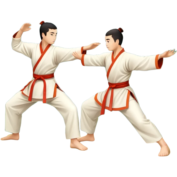 Two martial artists in traditional Wushu attire, performing elegant, fluid moves. The background shows a peaceful, scenic landscape with mountains and bamboo trees, symbolizing the balance of power and grace in Wushu.  emoji