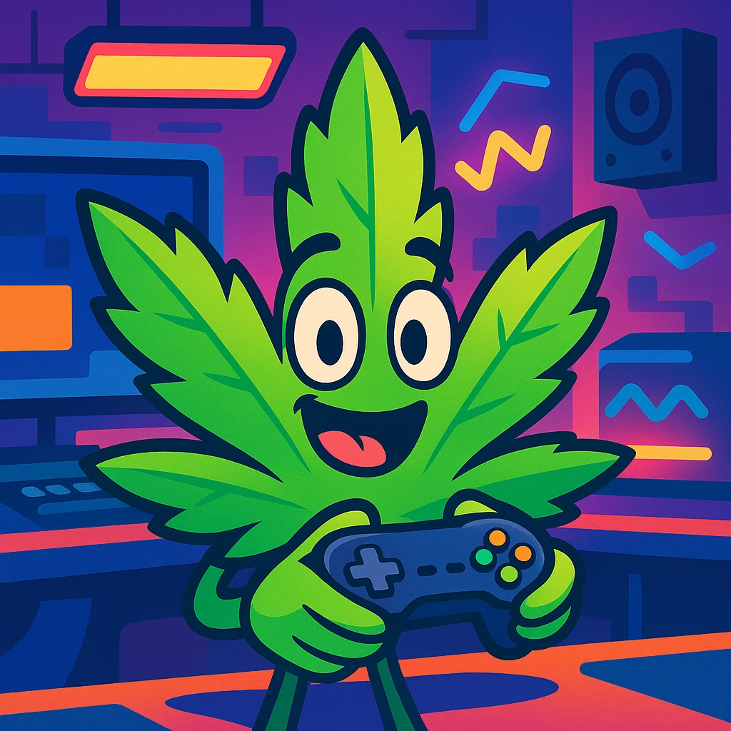 cartoon marijuana leaf with a playful face holding a video game controller in a vibrant streaming setup emoji