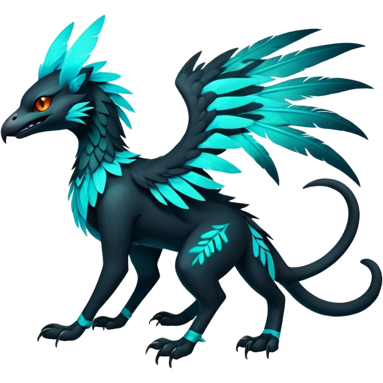 Black Dark Exotic Tropical Beaked Feathery Nocturnal Neon-glowing Abyssal Nightly Abyss-Cat-Gryphon-Salandit-Silvally-Fakémon Creature (full body) emoji