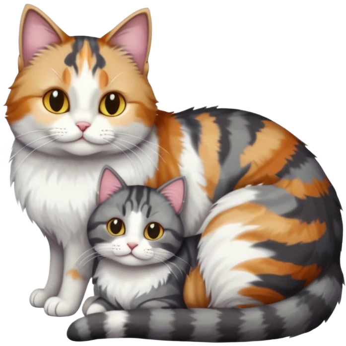 full body colourful light patched calico + white tabby cat cuddling a large dark grey and white tabby cat  emoji