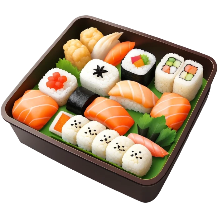 cheerful bento box with sushi, onigiri, and tempura, captioned, “Oishii Time!” emoji