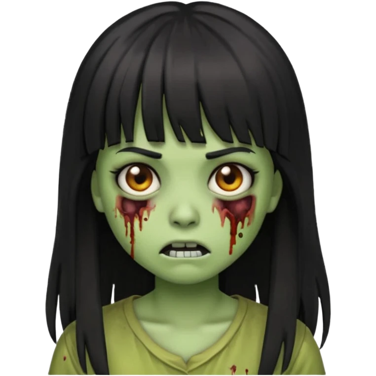 zombie girl emoji with black hair, bangs, long hair, and greenish skin emoji