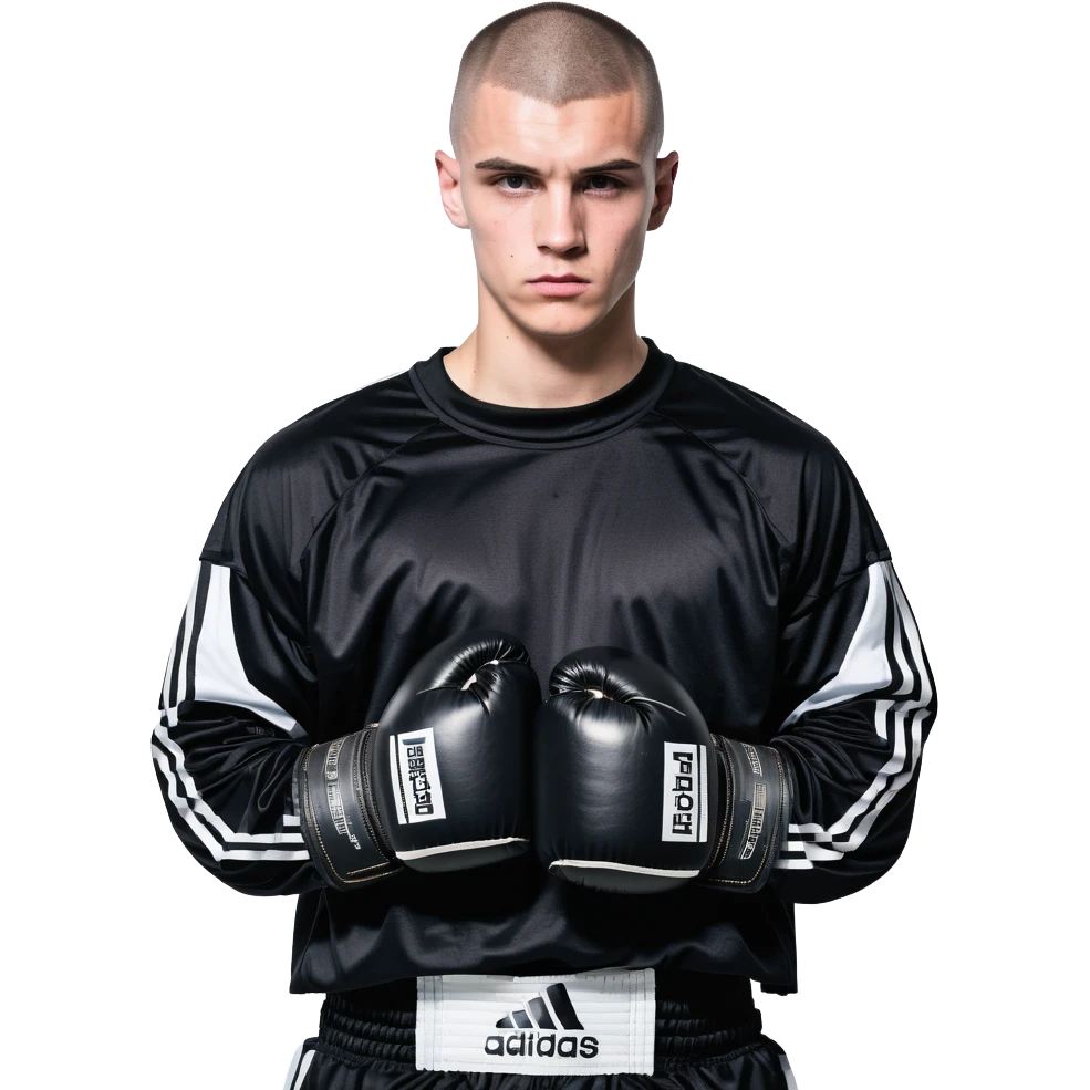 white man with dark hair, dark eyes, buzzcut faded haircut, 100kg boxer, wearing full black clothes, black adidas boxing gloves emoji