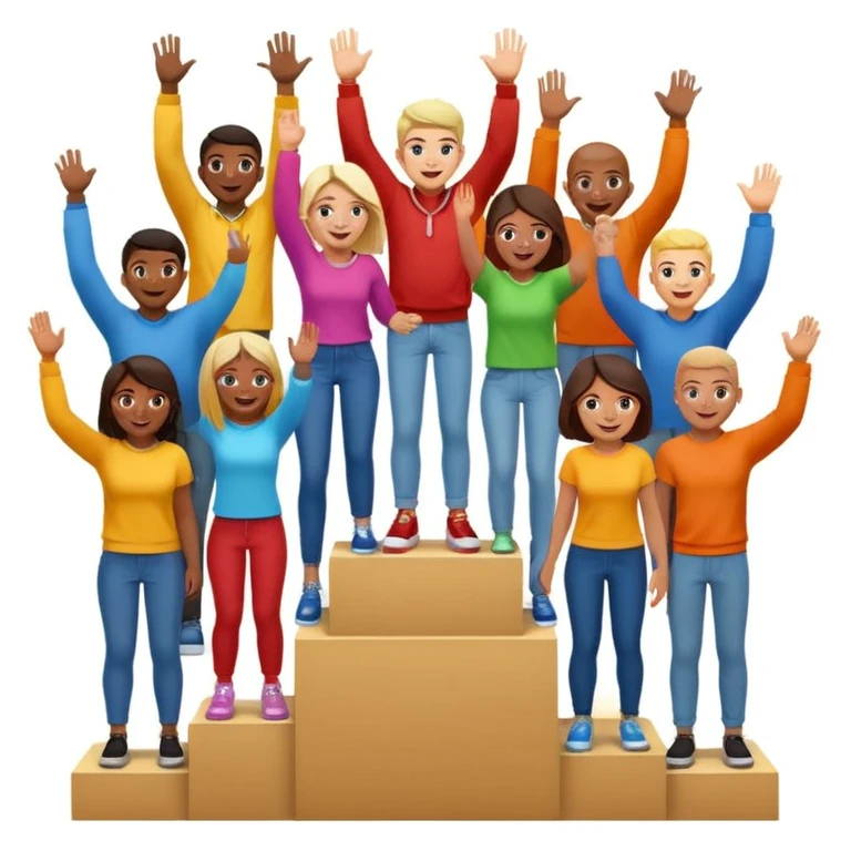 multi-racial people in colorful jeans, t-shirts, and hoodies on a brown winners’ podium with middle step higher, no numbers, one person high fiving, excited fun expressive emoji style emoji