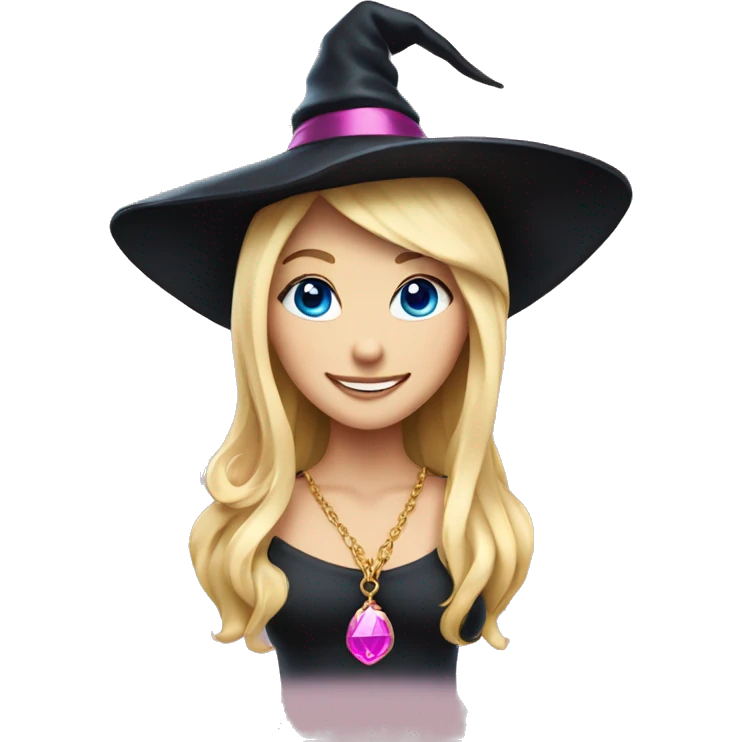 Blonde blue eyed witch smiling, wearing a gold necklace with pink pendant and a black and pink witch hat emoji