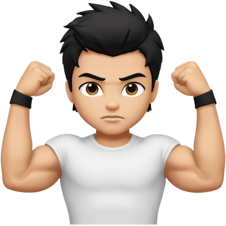 generate a pretty tan bratz boy with black messy hair flexing his biceps. wearing white tshirt emoji