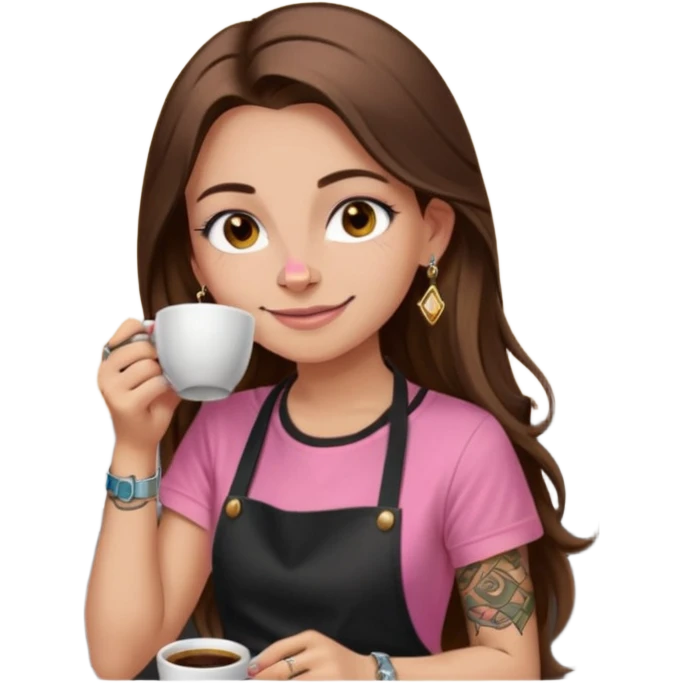 Fille cheveux long châtain, peau beige type européen yeux marron, teeshirt rose avec un tablier noir, piercing au nez anneau doré, boucle d’oreille diamant doré. Elle boit un café Tatouage à la gorge emoji