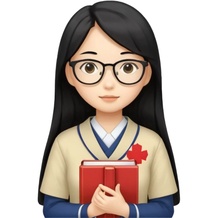 A student, asian girl, long black hair, wearing glasses, japanese uniform, hold book in front of their chest emoji