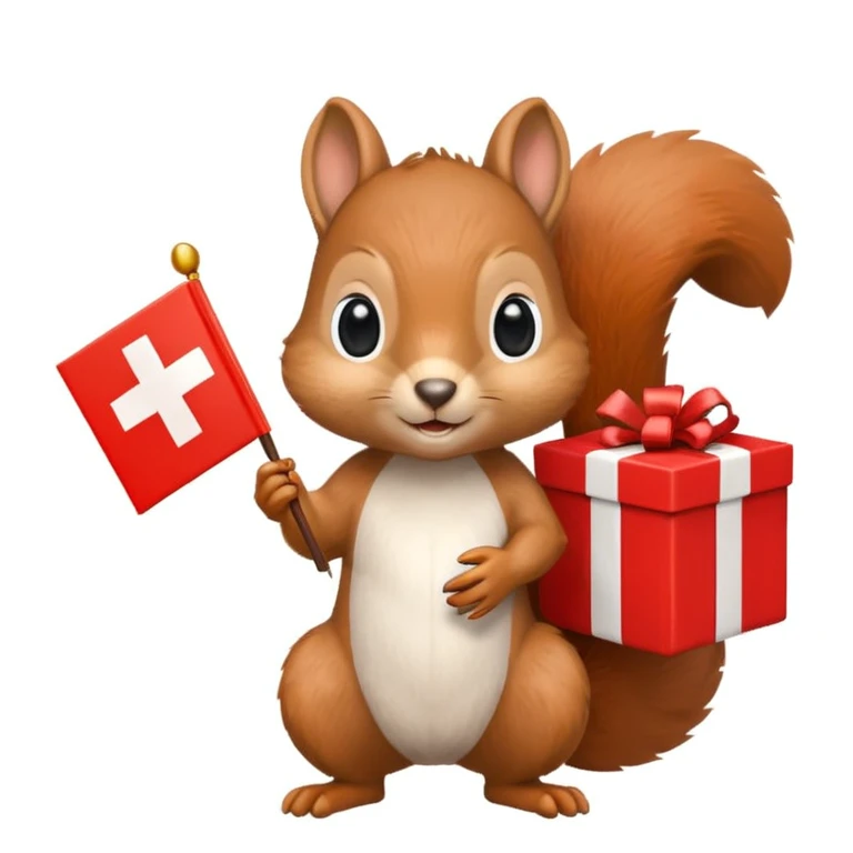 a squirrel holding a red gift box in one hand and a Swiss flag in the other, both objects clearly visible, simple white background emoji
