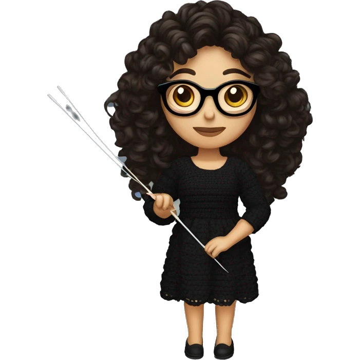 Hispanic woman with black glasses long dark brown curly hair holding crochet needle with yarn wearing a black dress emoji