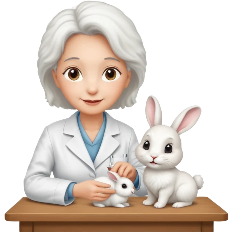 Older female vet – gentle smile, coat, checking rabbit on table. emoji