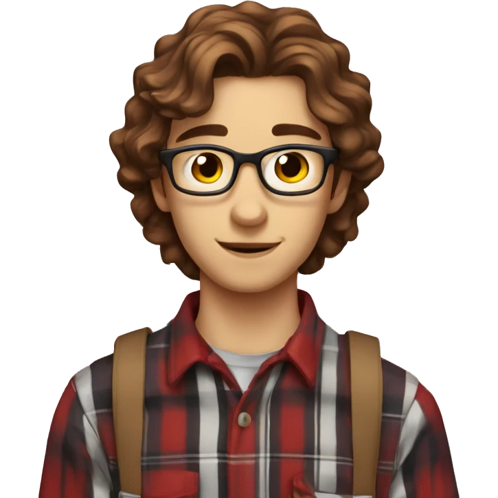 Nerdy 20 year old with brown wavy hair and red plaid shirt emoji