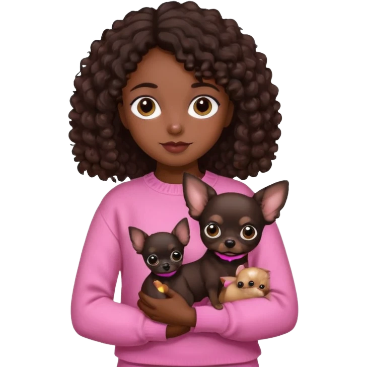 Girl with dark brown curly hair and brown eyes in a pink sweater holding a black chihuahua emoji