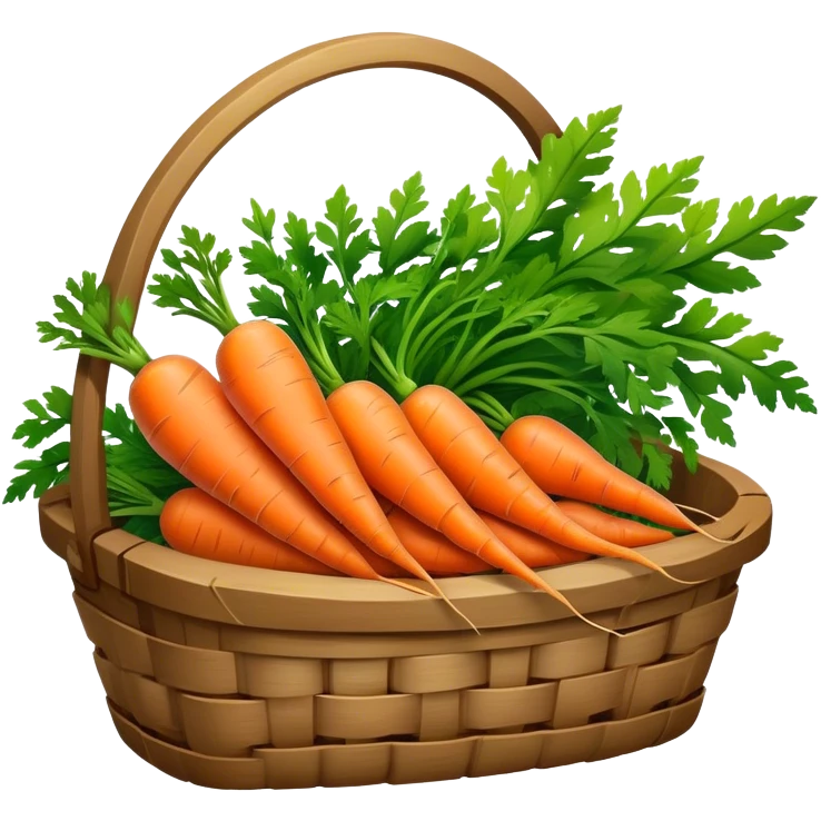 Cinematic vibrant orange carrot, crisp and fresh, slightly twisted with green leafy tops, arranged in a rustic wooden basket, natural and inviting. emoji
