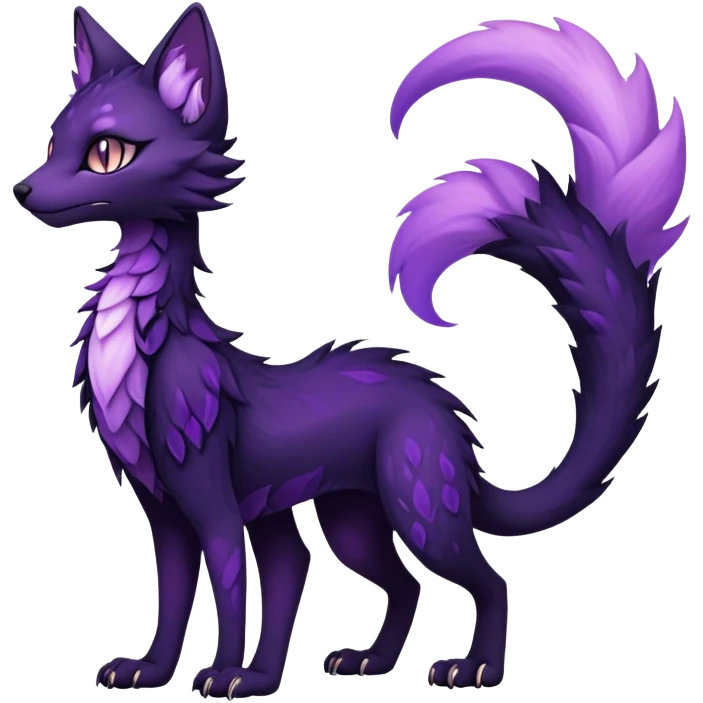 Kawaii dark purplish blackish edgy fantasy ethereal feline-vernid-sergal-fursona animal creature with a tufted tail full body with intricate markings  emoji