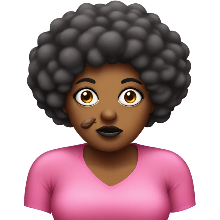 Mad fat black women with a pink shirt that has a big eye ball on her right eye with a long pointy nose with a black short Afro with big lips emoji