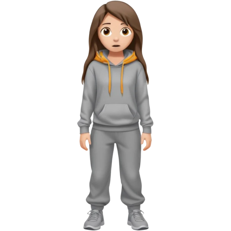 Chica grande  asustada de cuerpo completo mirado a la izquierda con pelo castaño largo y piel blanca  pantalones baggy  grises y hoodie gris  emoji