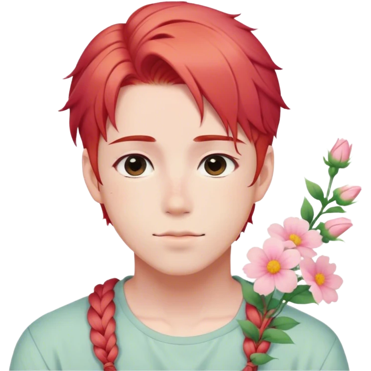 Gorgeous pastel red hair with a thin braid on the side anime style shojo guy with blushing face and flowers aesthetic trending style outside emoji