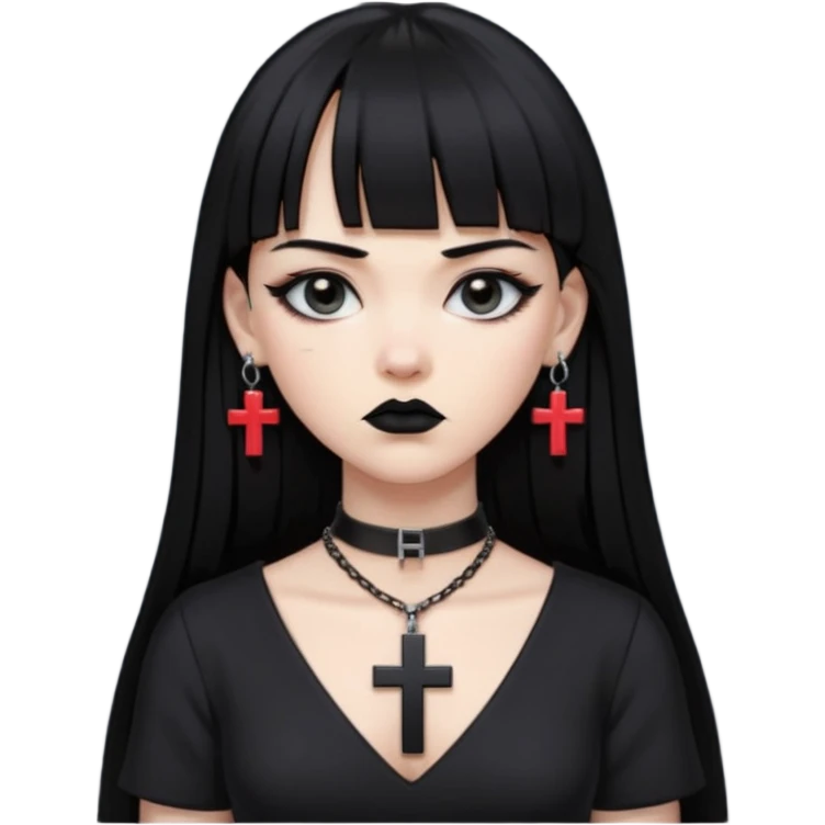 vampira parda com cabelo preto longo e liso e franja, olhos pretos, brincos em formato de cruz, choker em formato de cruz, roupa preta com decote, batom preto e séria emoji