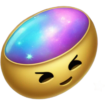 A glowing magical pill emoji with a golden outline and a swirling galaxy inside it. Tiny stars and planets orbit around it, and the background is a deep space scene with colorful nebulae. emoji