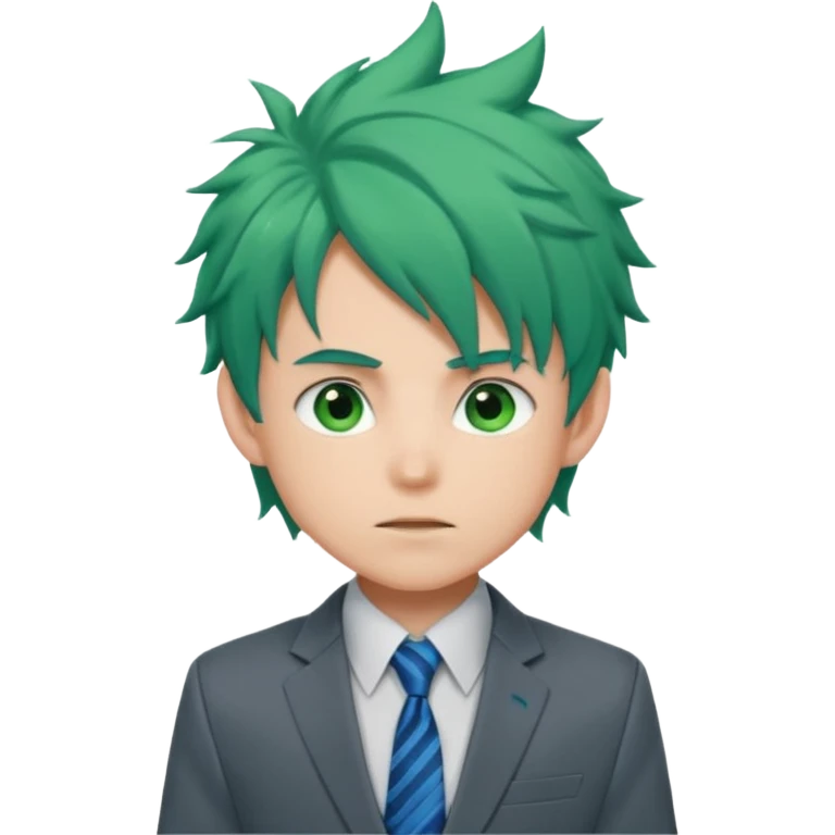 deku : boy anmie green hair green eyes in a ua gray jacket and blue tie suit with frenkles messy hair emoji