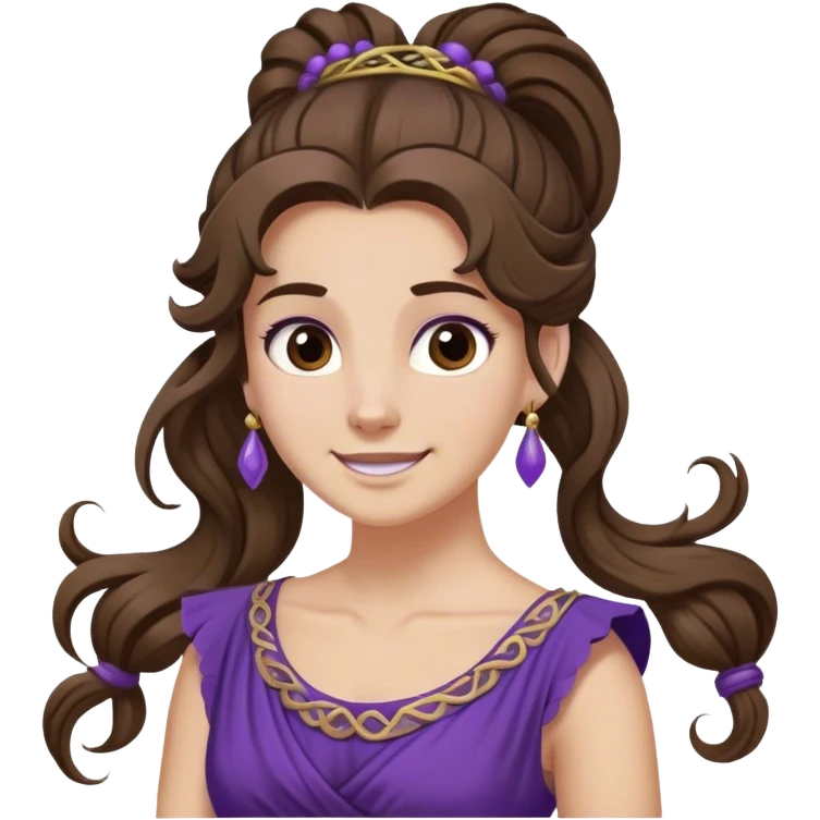Femme aux cheveux longs et bruns attachés en une seule queue-de-cheval haute et volumineuse, avec une grande mèche retombant sur son front. Ses cheveux sont légèrement bouclés aux extrémités. Elle porte une robe violette inspirée de la Grèce antique et a un sourire malicieux. emoji